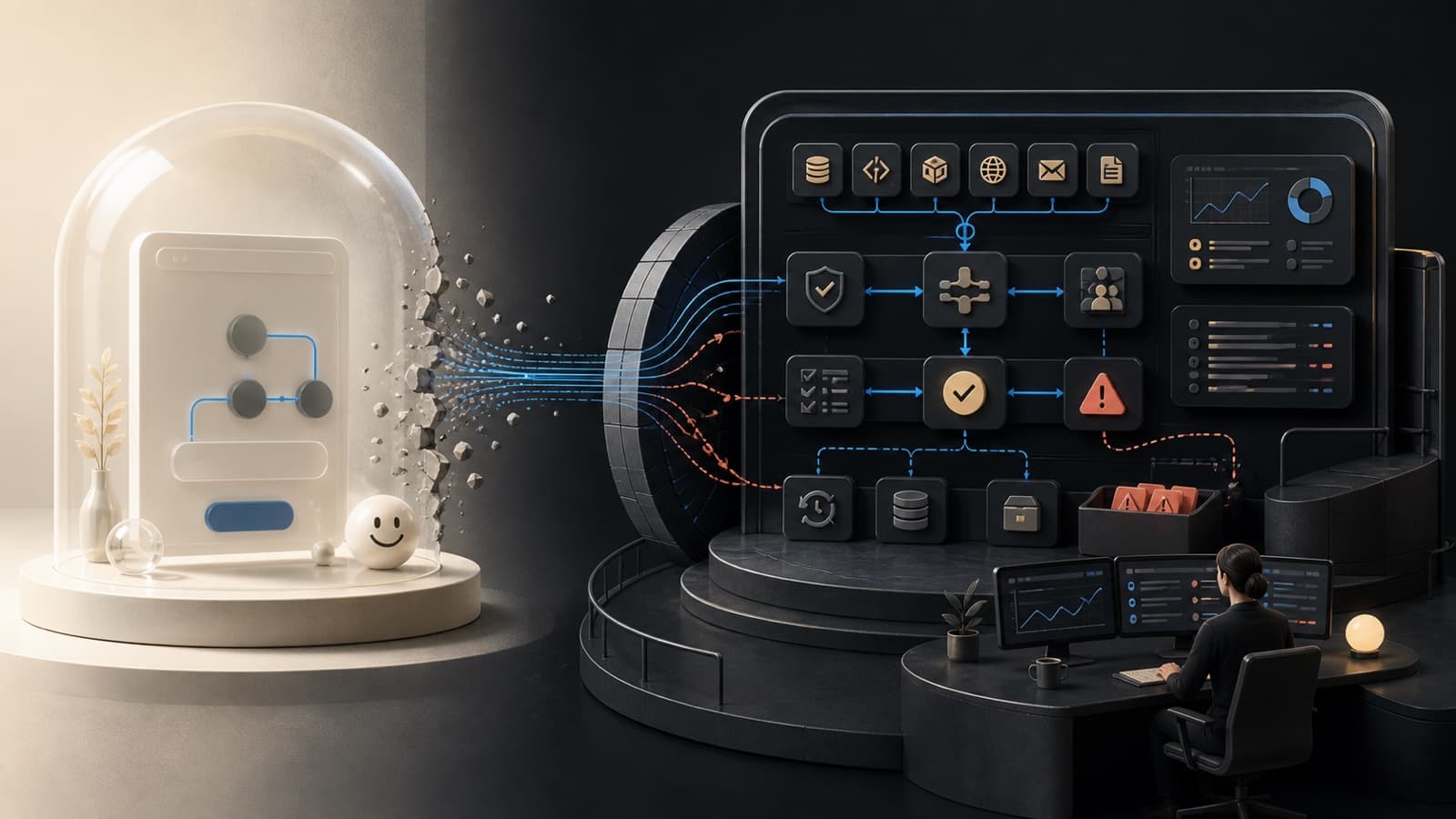A fragile staged AI agent demo contrasted with a production system that has tools, gates, observability, exceptions, and a human owner