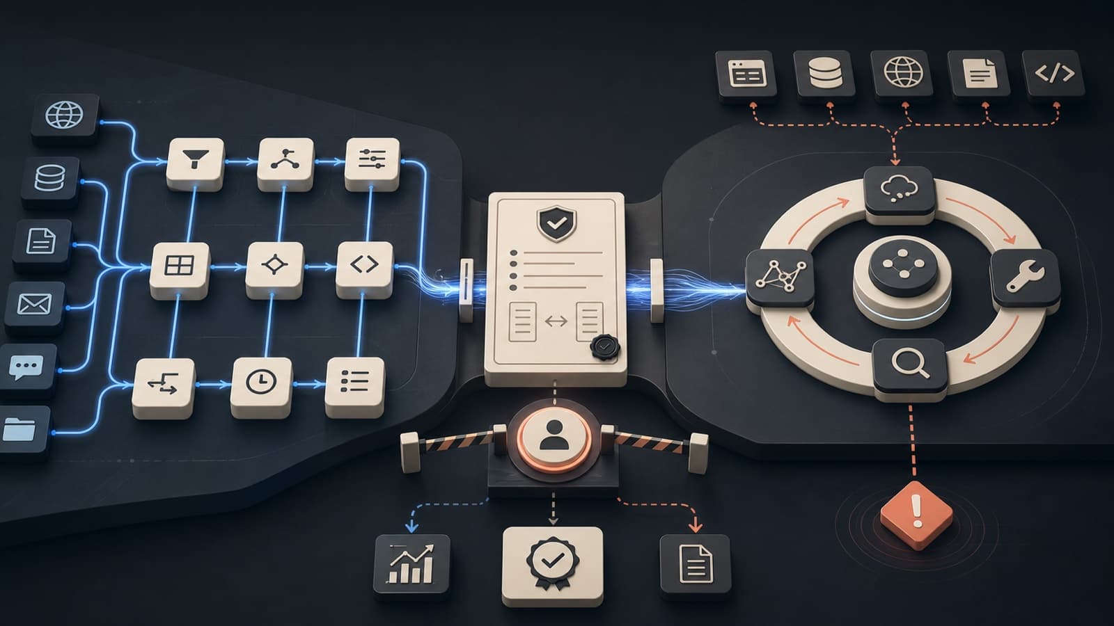 Deterministic workflow automation connected to a controlled AI agent loop through explicit contracts and a human approval gate